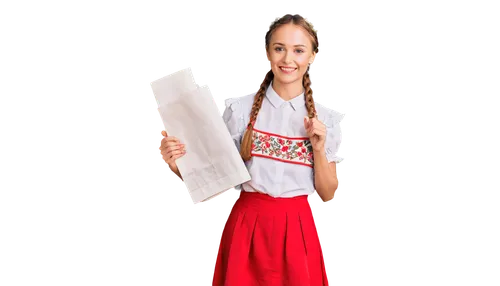 Traditional Belarusian woman, folk costume, long sleeveless shirt, bright red skirt, white apron, golden embroidery, flowers on headscarf, braids, natural makeup, gentle smile, standing, 3/4 compositi