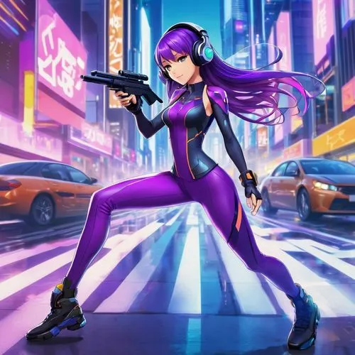 in a futuristic cityscape, a figure made entirely of glass is a perfect sight. A female, long purple hair, slender feminine, is all around. Wearing a sleek headset, printed and vibrant purple pants, s