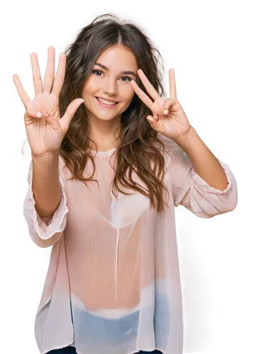 Victory sign, hand raised, fingers spread, relaxed shoulder, casual clothing, messy hair, natural makeup, slight smile, close-up shot, soft focus, warm lighting, shallow depth of field, cinematic comp