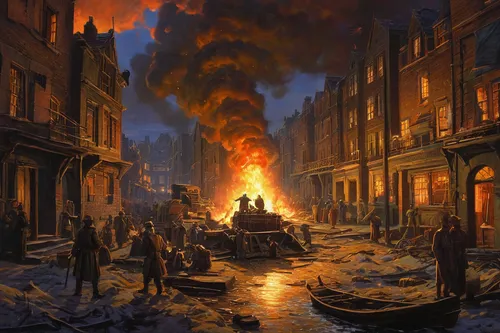 the conflagration,city in flames,conflagration,burning of waste,sweden fire,inferno,destroyed city,warsaw uprising,burning torch,burning earth,petersburg,apocalypse,fire background,constantinople,fire disaster,gas lamp,apocalyptic,medieval street,game illustration,fire artist,Art,Classical Oil Painting,Classical Oil Painting 15