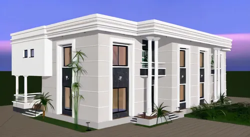 the white apartment building has windows and palm trees,3d rendering,sketchup,prefabricated buildings,frame house,model house,residential house