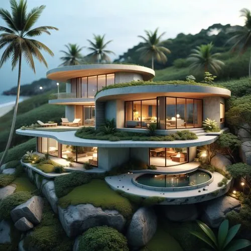 tropical house,floating islands,3d rendering,floating island,dunes house,luxury property,Unique,3D,Toy