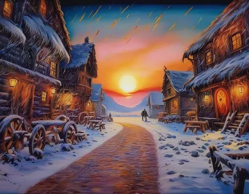 winter village,christmas landscape,colored pencil background,snow scene,aurora village,winter landscape,winter background,snow landscape,oil painting on canvas,christmas scene,fantasy picture,mountain