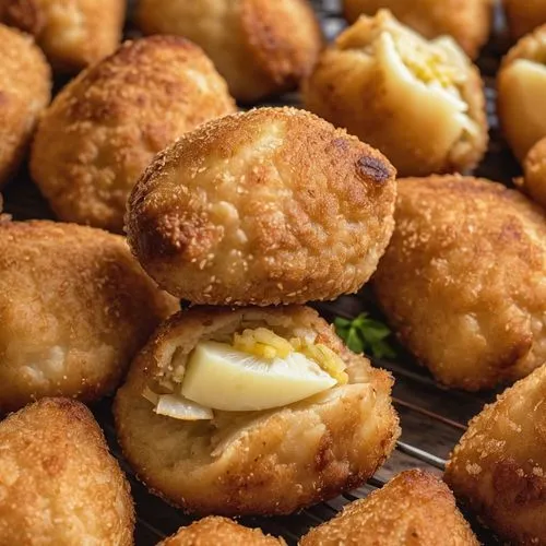 arancini,fried fritters,canarian wrinkly potatoes,batata vada,korokke,kourabiedes,pandebono,potato cakes,takoyaki,fritters,zeppole,knödel,coxinha,ukrainian dill potatoes,panipuri,potato patties,butter rolls,shrimp croquette,cheese bread,panzerotti,Photography,General,Realistic