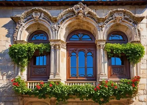 Historic Croatian architecture, Baroque style, ornate decorations, grand entrance, marble columns, intricately carved wooden doors, stained glass windows, red-tiled roof, ivy-covered walls, sunny afte