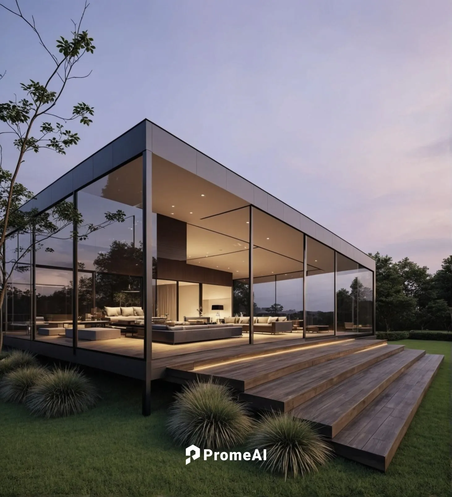 Architecture Design,a modern glass house with wooden steps and landscaping around it,cubic house,cube house,dunes house,mirror house,landscape design sydney,modern house,Photography,General,Realistic