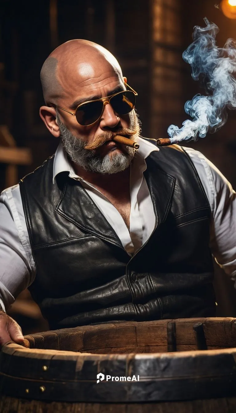 Pig, masculine, mature, bald head, thick beard, sunglasses, gold chain necklace, leather jacket, black vest, white shirt, black pants, shiny shoes, holding cigar, blowing smoke, sitting on a wooden ba