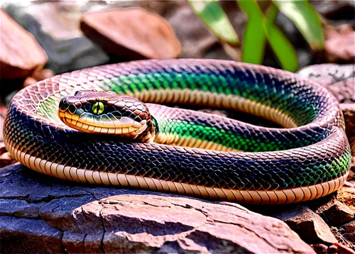 Coiled snake, scaly skin, brown and beige camouflage, forked tongue out, piercing green eyes, curled body, lying on rock, warm sunlight, shallow depth of field, cinematic lighting, close-up shot, deta