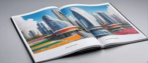 Modern architecture design magazine, luxurious coffee table book, sleek cover with metallic accents, minimalist font, high-quality glossy pages, intricate architectural drawings, 3D renderings of futu