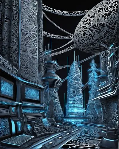 arcology,labyrinthian,cyberia,sulaco,cardassia,pandorica,cybernet,futuristic landscape,cybertron,cyberport,undercity,fractal environment,biomechanical,cybertown,cybercity,arktika,mining facility,mandelbulb,giger,cyberscene,Illustration,Black and White,Black and White 11