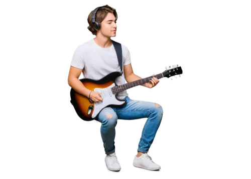 relaxed musician, solo, male, 25yo, messy brown hair, casual wear, white shirt, ripped jeans, sneakers, acoustic guitar, music notes, headphones, calm atmosphere, warm lighting, soft focus, shallow de