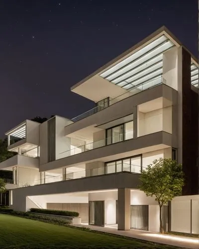 a building with a lit up staircase on the outside,modern architecture,modern house,seidler,contemporary,residencial,siza,Photography,General,Realistic