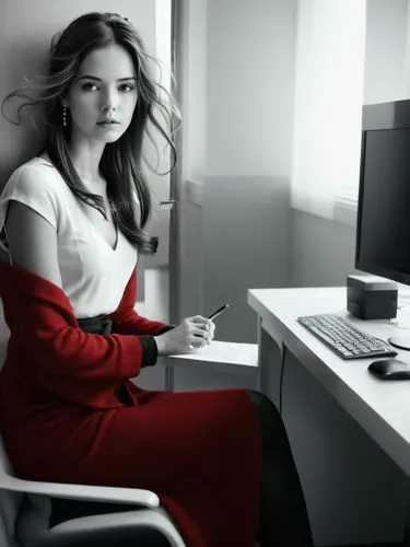 a woman in a formal robe and fedora sits at a desk in a sleek white office, surrounded by the hum of technology. She is typing away at a desk with a pen and pen. The room is dimly lit, with desk lamps