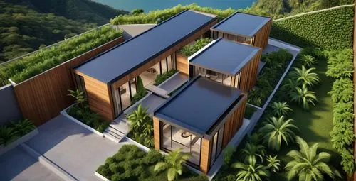 Tropical Architecture, modular units, prefab
dark steel, hardwood, bamboo, earthy colors, pigmented render.
Philippines, valley, river, dramatic sky, vertical garden, tropical plants,grass roof,eco-co