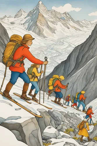 ski mountaineering,mountaineers,mountain rescue,the pied piper of hamelin,alpine crossing,mountain guide,forest workers,mountaineering,skiers,ski touring,hiking equipment,crampons,alpine climbing,trekking poles,alpine hats,hikers,pilgrims,alpine route,cool woodblock images,avalanche protection,Illustration,Realistic Fantasy,Realistic Fantasy 31