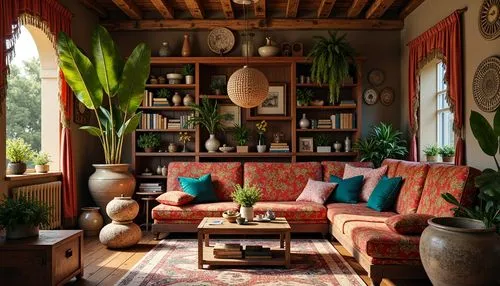 sitting room,moroccan pattern,living room,bohemian art,livingroom,interior decor,boho art style,interior design,interiors,alcove,house plants,cabana,marrakesh,home interior,interior decoration,decor,sunroom,houseplants,great room,boho art