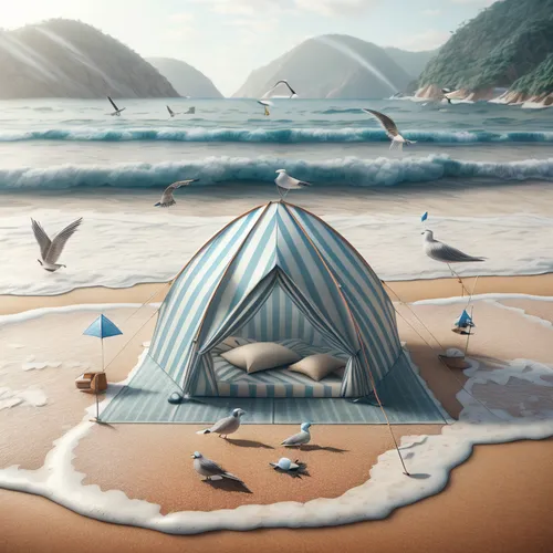 beach tent,fishing tent,surrealism,birds of the sea,sea swallow,paper boat,beach umbrella,bird kingdom,pigeon house,tents,house of the sea,sails of paragliders,world digital painting,tent,summer beach