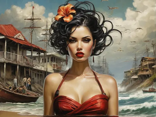 the sea maid,girl on the boat,sea fantasy,scarlet sail,seafaring,girl on the river,geisha girl,fantasy art,the wind from the sea,oriental girl,oriental princess,siren,geisha,orientalism,venetia,world digital painting,seafarer,hallia venezia,venetian,on the pier,Illustration,Realistic Fantasy,Realistic Fantasy 10