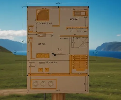 a wooden sign on the grass with mountains in the background,directional sign,guidepost,wayfinding,information sign,sitemap,labview,information boards,information board,wooden mockup,wireframe graphics