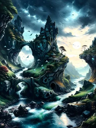 this is an artistic painting of some kind,fantasy landscape,fantasy picture,cartoon video game background,alfheim,dragonstone,fantasy art,Illustration,Realistic Fantasy,Realistic Fantasy 25