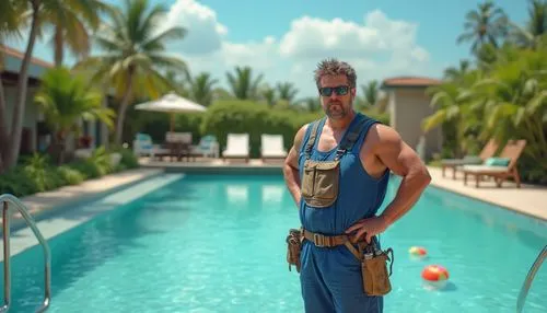 Maintenance staff, mature man, muscular build, blue overalls, tool belt, sunglasses, messy hair, serious expression, standing near poolside, Chukum pool, clear turquoise water, sunny day, few puffy cl