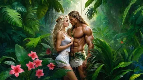 adam and eve,garden of eden,romantic scene,fantasy picture,girl and boy outdoor,cairenes,secret garden of venus,young couple,tarzan,tropical forest,nature and man,fantasy art,romantic portrait,nature 