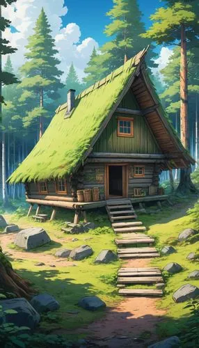 house in the forest,log cabin,log home,small cabin,the cabin in the mountains,wooden hut,Illustration,Japanese style,Japanese Style 03