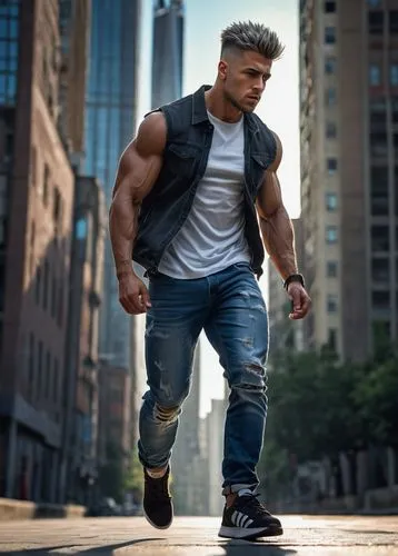 Muscular man, athletic build, serious expression, short spiky hair, intense gaze, sleeveless shirt, ripped jeans, sneakers, confident stride, urban background, city skyscraper, concrete pavement, sunn