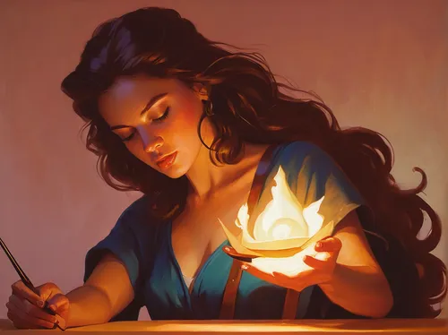 candlemaker,burning candle,fire artist,girl studying,candlelight,candlelights,burning candles,sorceress,lighted candle,mystical portrait of a girl,smouldering torches,torchlight,candle light,fantasy portrait,meticulous painting,candle flame,flameless candle,candle,painting technique,light a candle,Conceptual Art,Daily,Daily 12