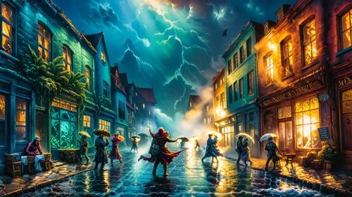 the painting depicts people on a rainy street at night,fantasy picture,fantasy art,world digital painting,fantasy city,3d fantasy,children's background,Illustration,Realistic Fantasy,Realistic Fantasy