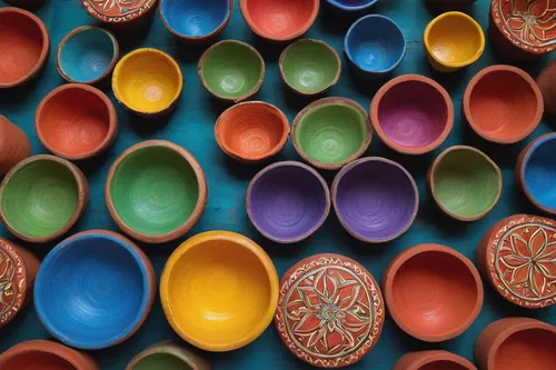 Visualize the vibrant colors and intricate patterns adorning the clay cups used for serving Kolkata chai.,tibetan bowls,colorful sorbian easter eggs,singingbowls,tibetan bowl,singing bowls,earthenware