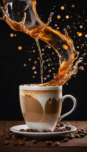 Laura"Capture dynamic drink splashes in flying drink photography" with cappuccino art as the main theme, showing splashes of some toppings including coffee beans in the air.name on cup "YOLI" Use high