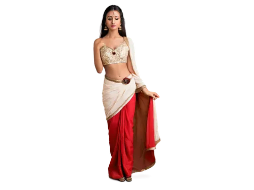 Indian summer model, solo, (25yo), beautiful detailed eyes, light blush, dark brown hair, bindi on forehead, golden necklace, white and red sari, bare shoulders, flowing fabric, standing, one leg bent