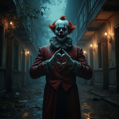 red heart medallion in hand,creepy clown,scary clown,wason,horror clown,pennywise,Photography,Fashion Photography,Fashion Photography 05