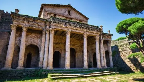 Ancient Etruscan-inspired Roman architecture, grand monumental buildings, ornate temples, decorative arches, columns with intricate carvings, stone or marble structures, vaulted ceilings, majestic dom