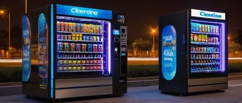 Modern, sleek, high-tech vending machine, stainless steel body, curved edges, LED display screen, glowing blue light, touch-sensitive interface, card reader, coin slot, dispensing mechanism, rotating 