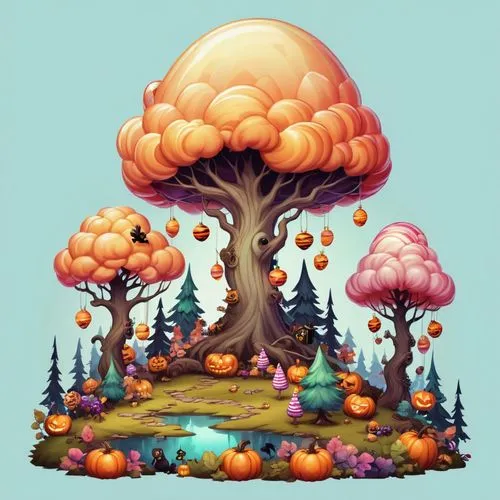 mushroom landscape,tree mushroom,mushroom island,forest mushroom,cloud mushroom,tangerine tree,Illustration,Abstract Fantasy,Abstract Fantasy 11