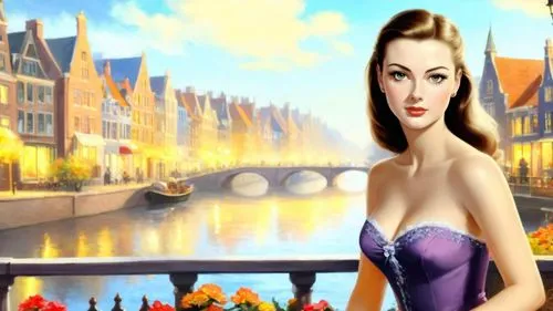 dark saturated colors, Romantic masterpiece oil painting, beautiful girl dainty girdle dress portrait, nostalgic 1950's style kitsch, European town, Amsterdam, cozy familiar scenery, by Thomas Kinkade