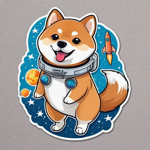 a shiba inu in space die-cut sticker, cute kawaii sticker, white background, illustration, on Gray background,akita inu,shiba inu,dogecoin,shiba,firefox,corgi,sticker,clipart sticker,flat blogger icon