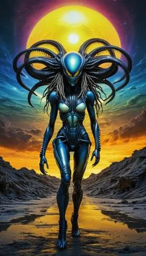 hat head dreadlocks running at sunset in future planet with two saturn planet. women side running  Her eyes are filled with intense focus.  capturing the world of reality and technology. This transfor