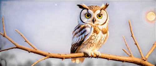 Owl, nocturnal bird, solo, big round eyes, white feathers, soft facial expression, perched on branch, wings folded, talons gripping, moonlight shining, soft focus, cinematic composition, shallow depth