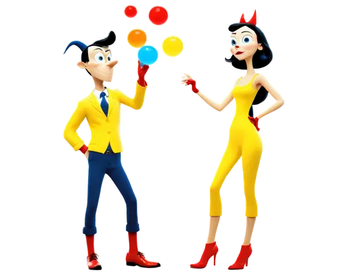 dancing couple,jugglers,juggling,two people,retro cartoon people,juggler,retro 1950's clip art,tango,pinocchio,balloonist,juggle,man and woman,magicians,valentine balloons,emoji balloons,boy and girl,corner balloons,vintage man and woman,yellow and blue,circus show,Illustration,Realistic Fantasy,Realistic Fantasy 09