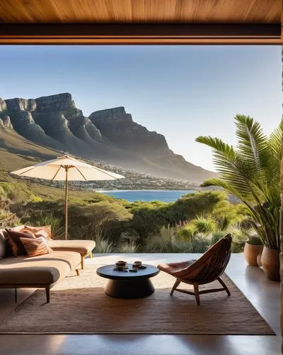 Contemporary South African architecture, curved lines, modern minimalist style, large windows, sliding glass doors, open-plan living area, wooden accents, natural materials, earthy tones, African-insp