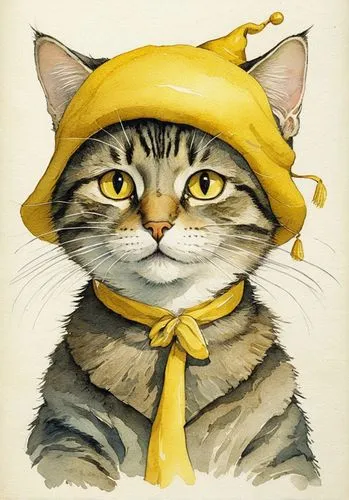 a cat ，wearing yellow hat,a painting of a cat wearing a yellow hat,watercolor cat,cat sparrow,tea party cat,vintage cat,hufflepuff,cat portrait,Illustration,Paper based,Paper Based 29