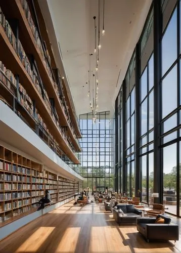 William R Jenkins Architecture and Art Library, grandiose building, modern design, large glass windows, steel frames, wooden floors, rows of bookshelves, comfortable reading areas, soft warm lighting,