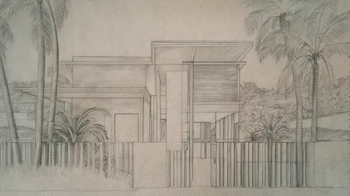 some color wash ,house drawing,pencil and paper,palm branches,frame drawing,pencil frame,garden elevation,graphite,pencil lines,frame border drawing,sheet drawing,facade painting,vintage drawing,line 