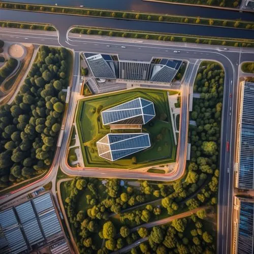 There is a skyscraper with glass lights in the middle, green is grasses,The image is a bird's eye view of a pyramid-like architectural structure or a large building with many windows and a green roof.