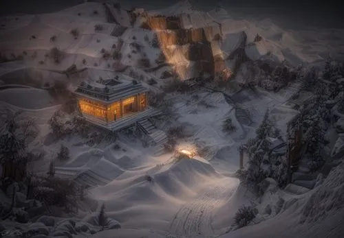 night fogy snow
,mountain hut,house in mountains,mountain huts,winter house,mountain settlement,house in the mountains,dracula castle,snowhotel,peter-pavel's fortress,snow shelter,alpine hut,snow hous