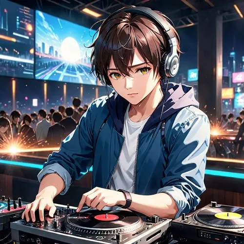 8k, uhd, handsome and stylish male DJ wearing headphones, cool technology, working turntable as DJ, cinematic art photo, authentic masterpiece, best quality, high resolution,,a man in a sweatshirt hol