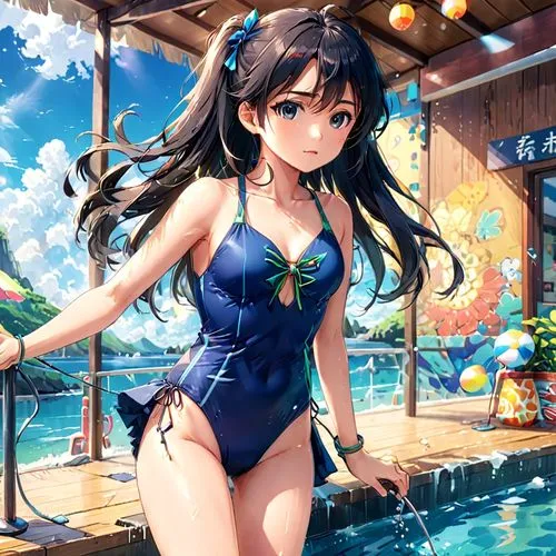 summer background,beach background,ayra,summer swimsuit,kiana,ocean background,Anime,Anime,Realistic